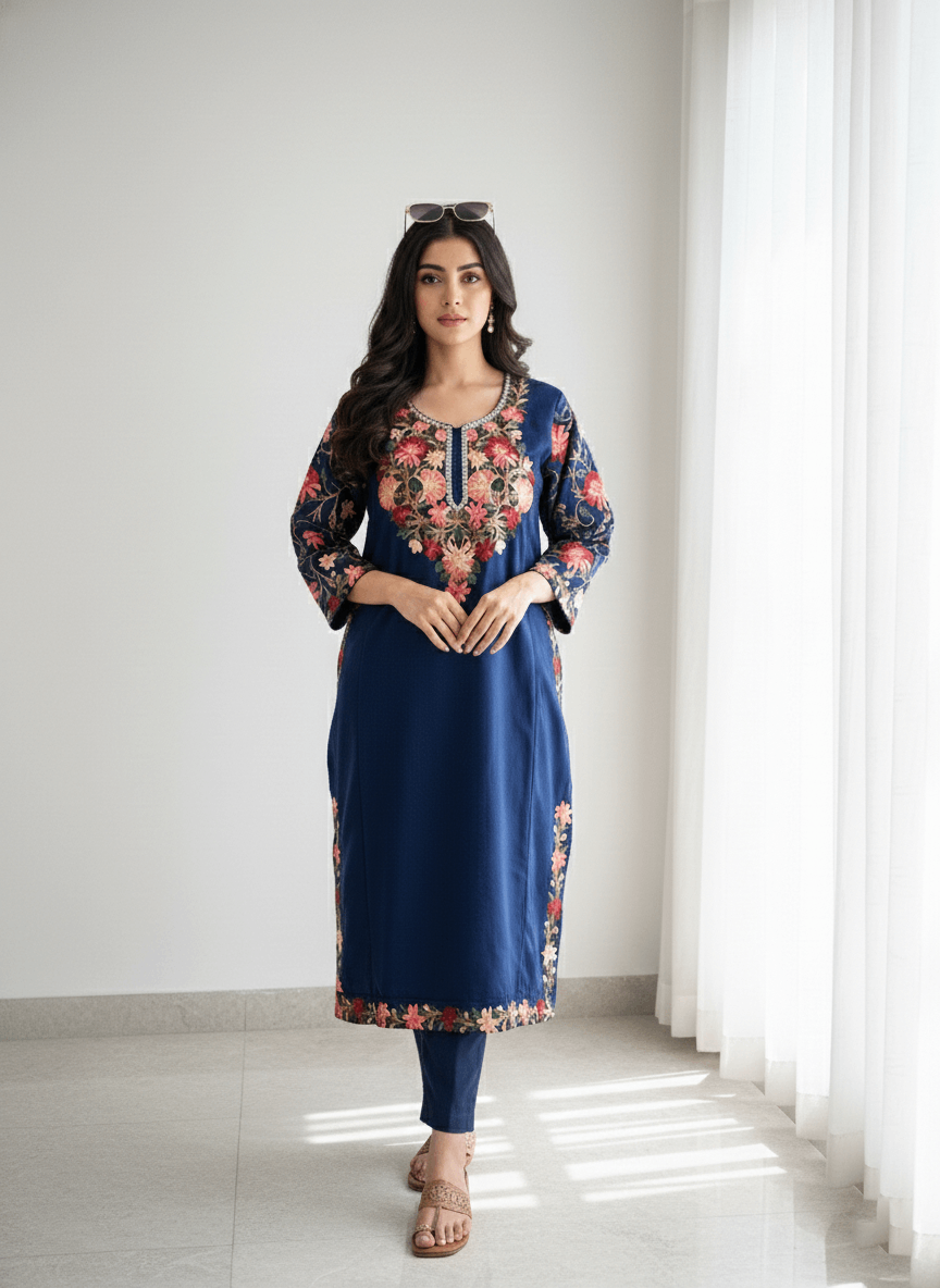 Blue Floral Aari–Tilla Embroidered Kashmiri Pheran