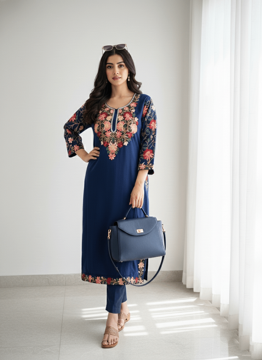 Blue Floral Aari–Tilla Embroidered Kashmiri Pheran