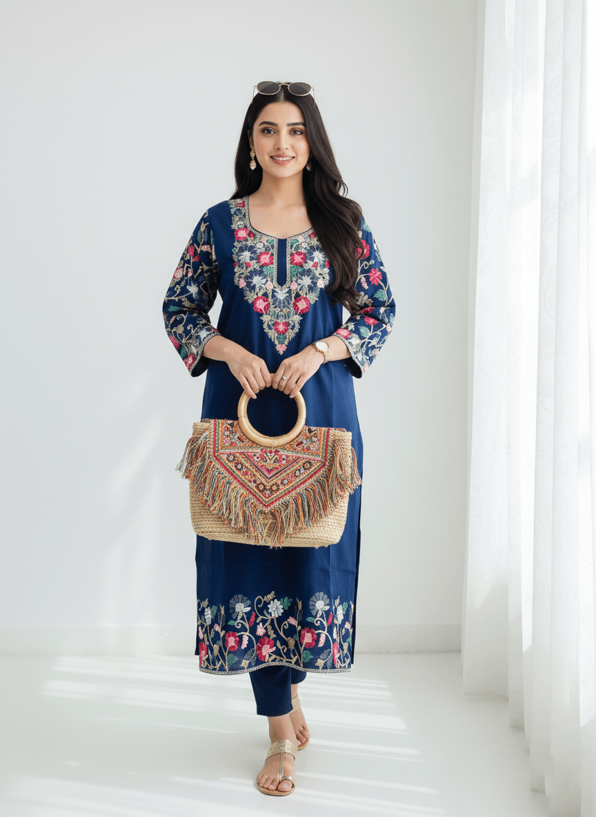 Blue Floral Aari–Tilla Embroidered Kashmiri Pheran