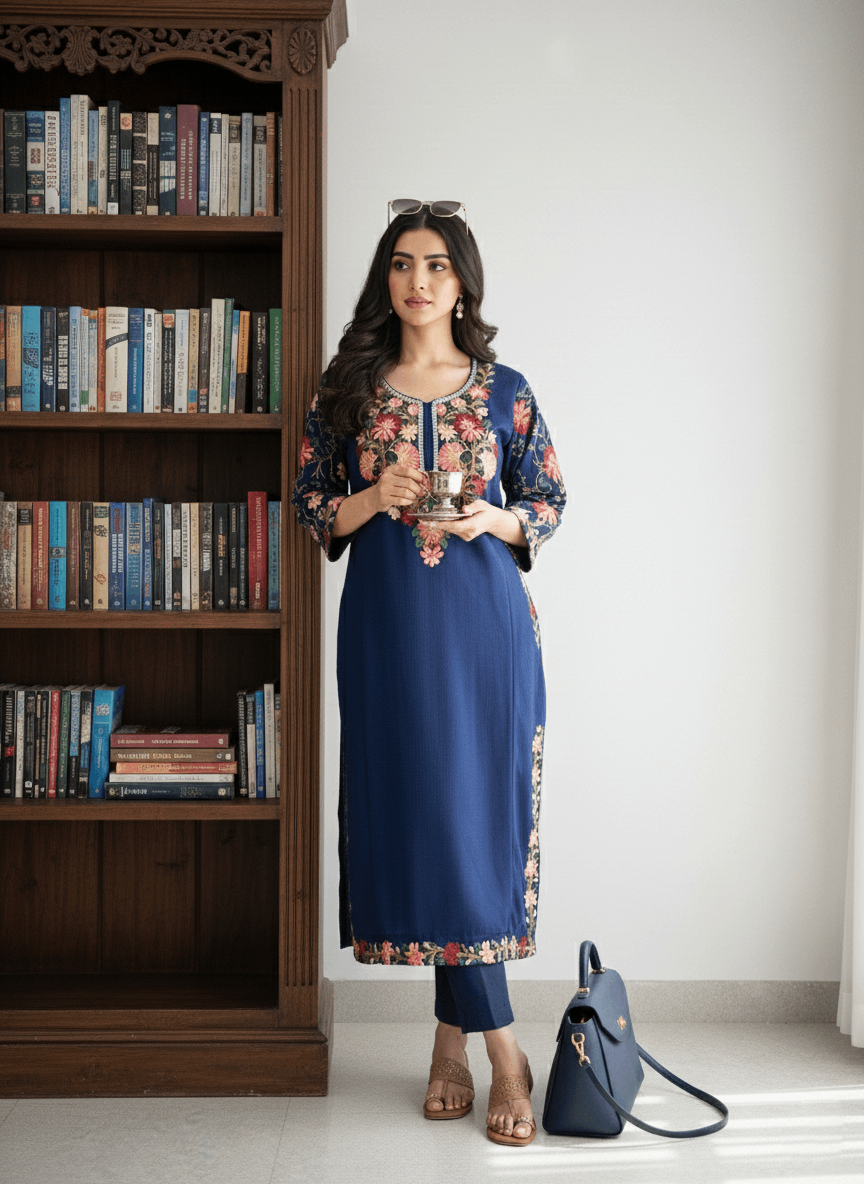 Blue Floral Aari–Tilla Embroidered Kashmiri Pheran