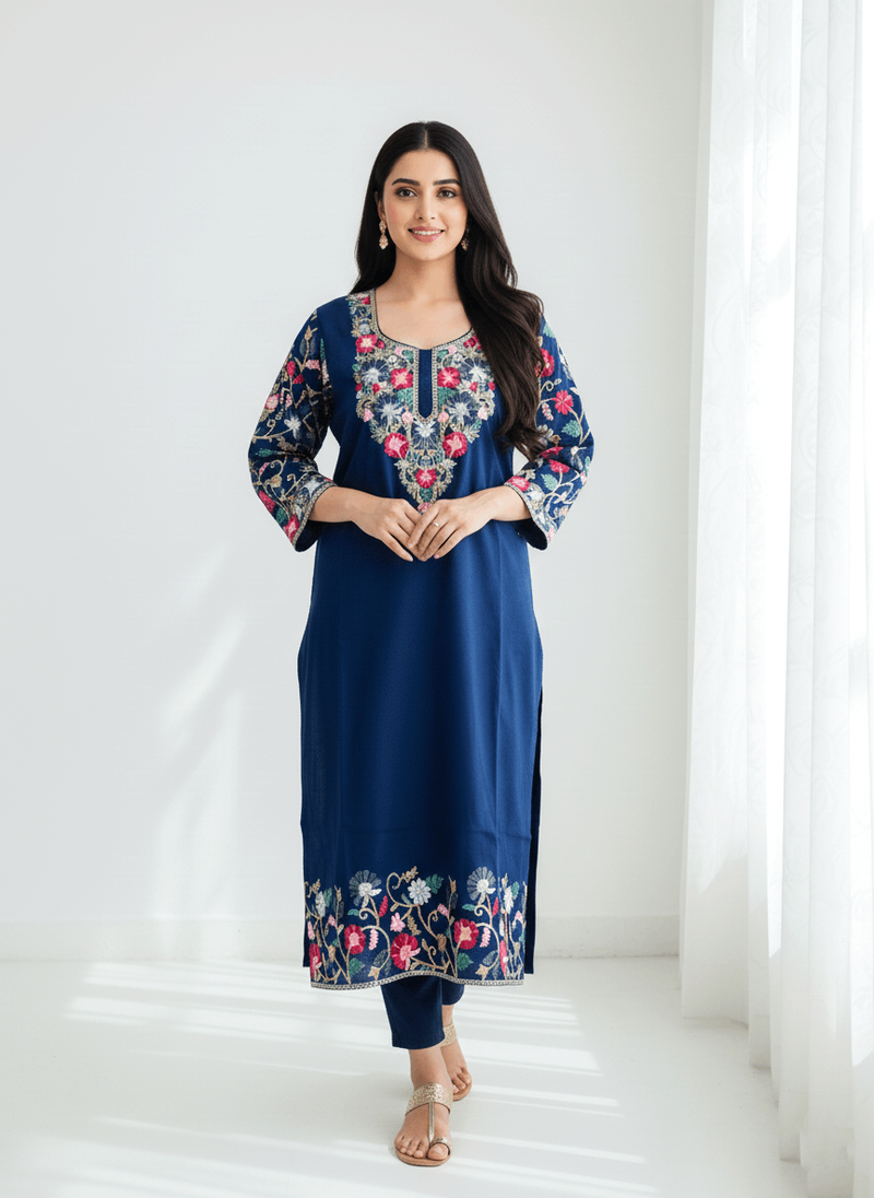 Blue Floral Aari–Tilla Embroidered Kashmiri Pheran