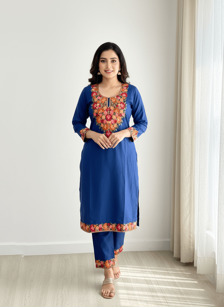 Blue & Red Floral Aari Embroidered Kashmiri Co-ord set