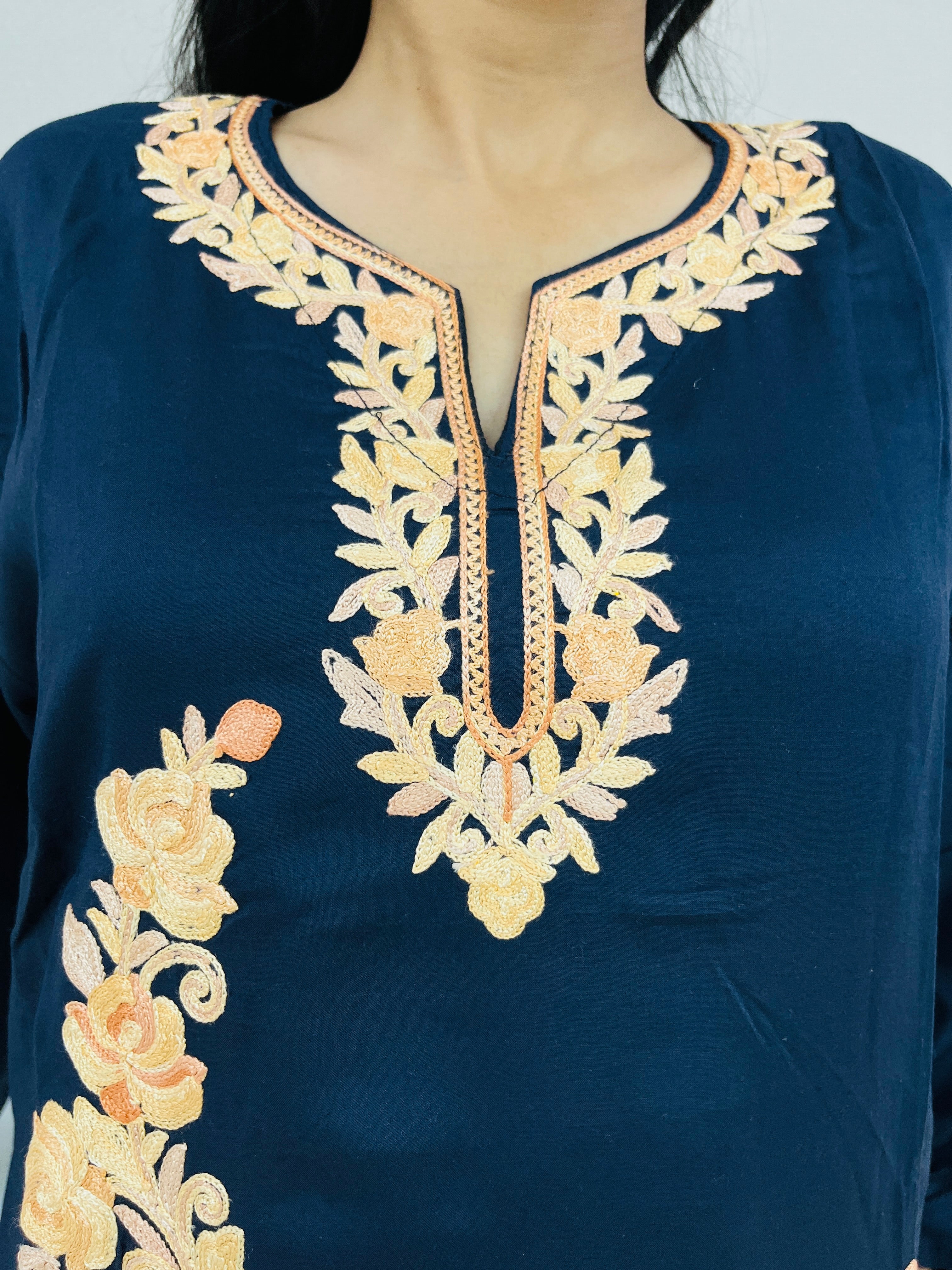 Blue With Golden Cotton Straight Kurti