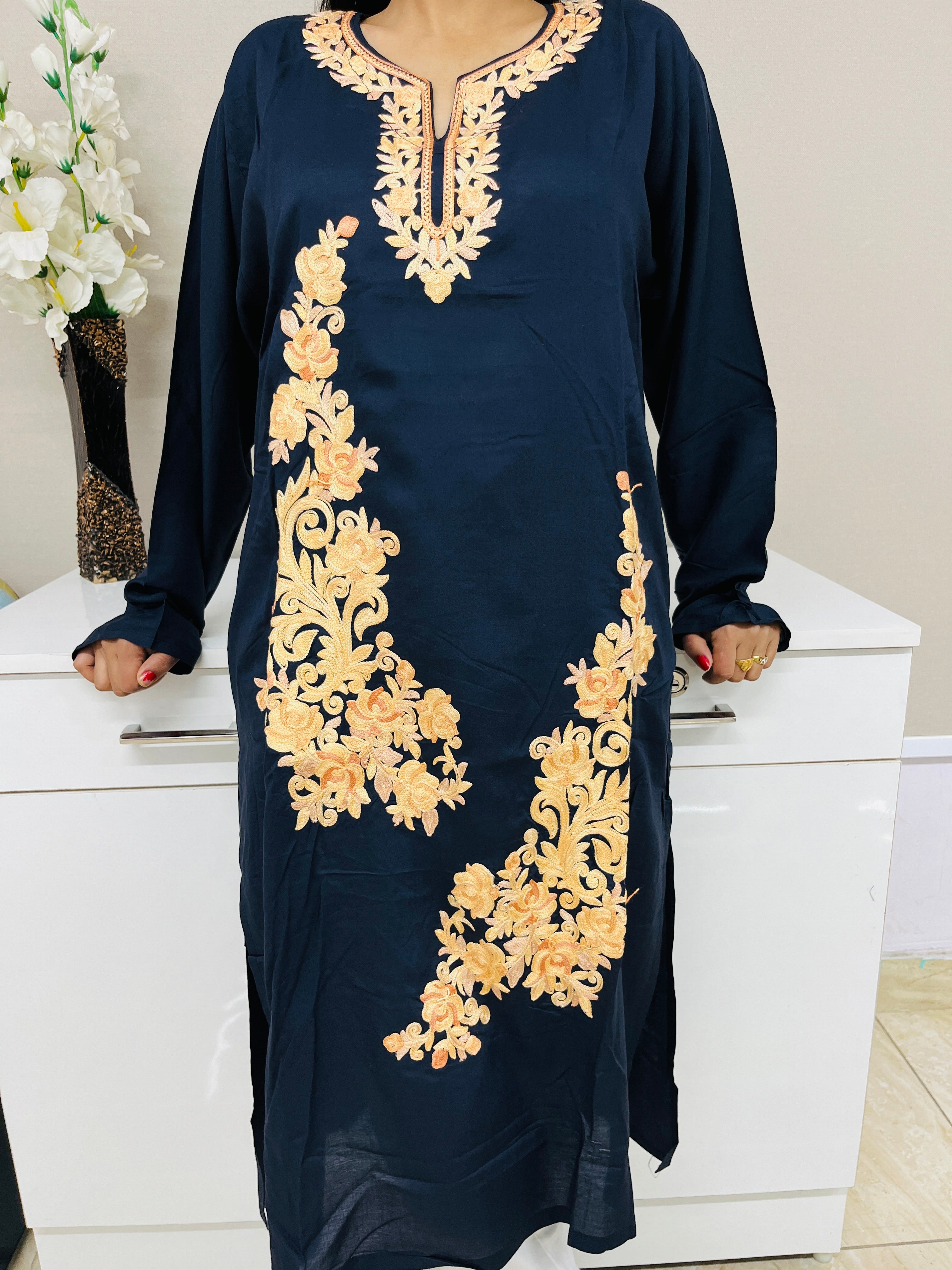 Blue With Golden Embroidered Cotton Straight Kurti