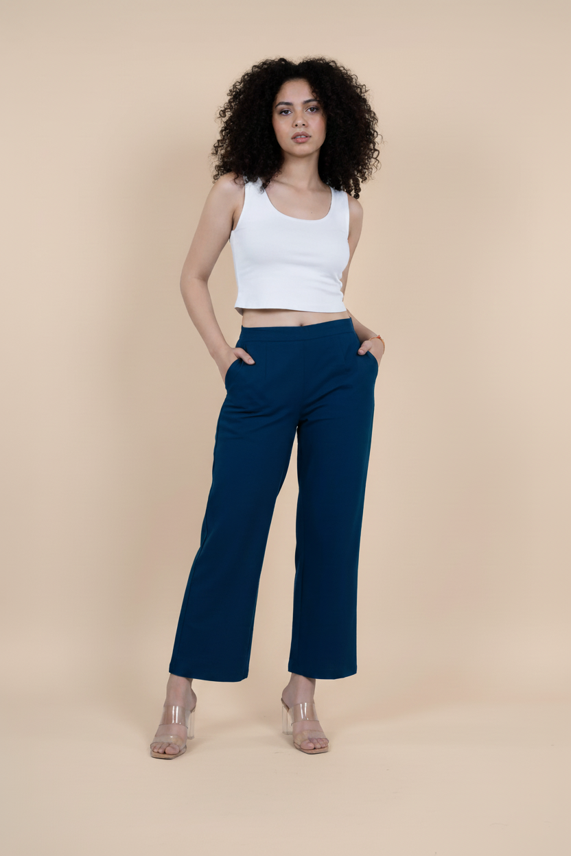 Blue Women Wide Leg Cotton Pant