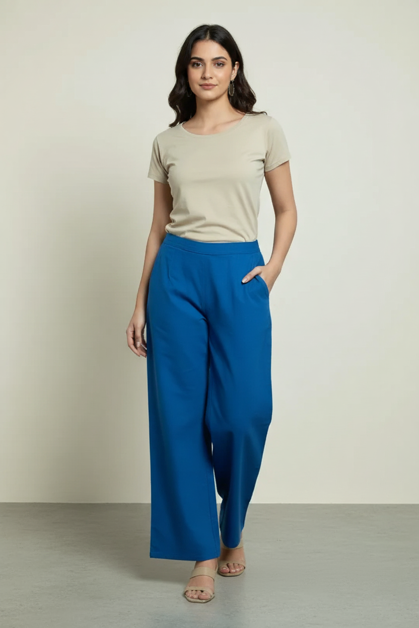 Royal Blue Women Wide Leg Cotton Pant