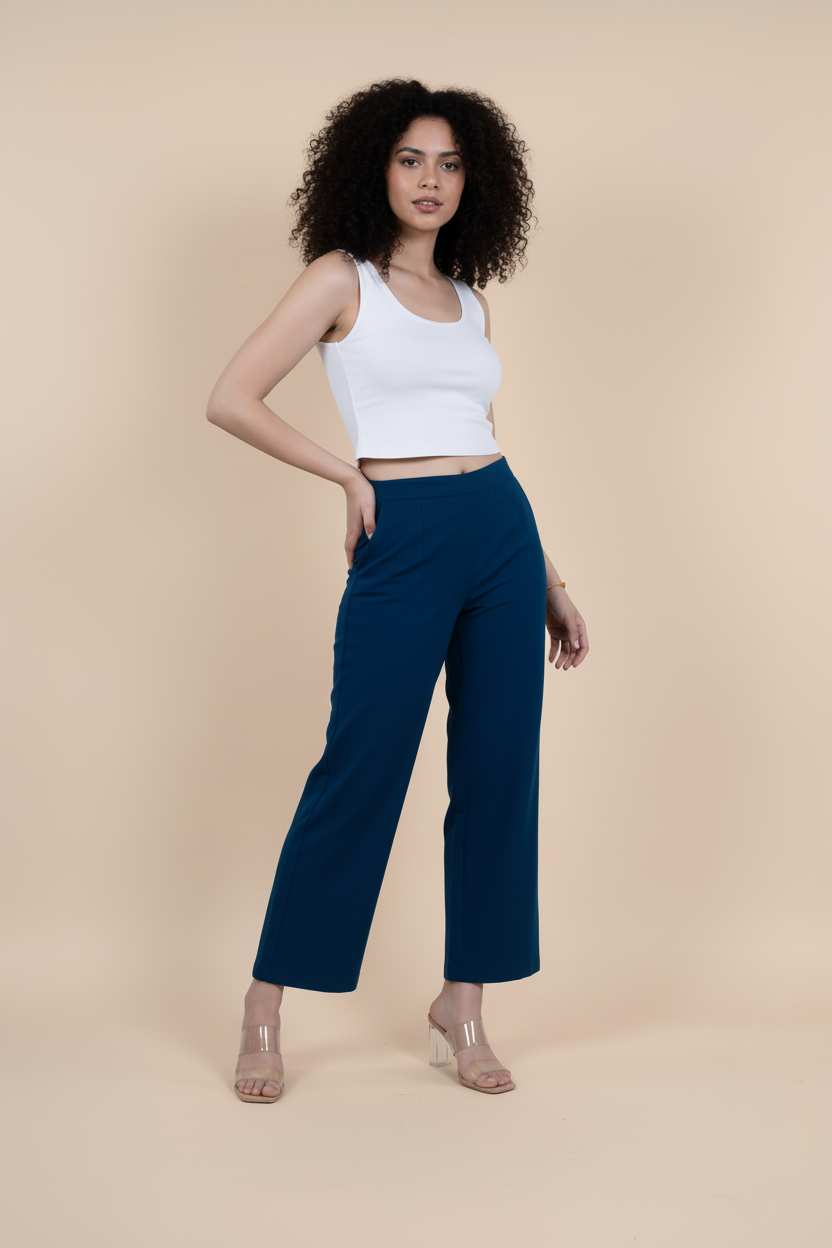Blue Women Wide Leg Cotton Pant