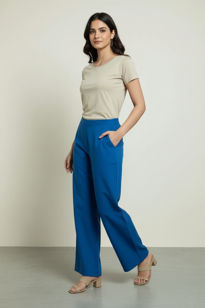 Royal Blue Women Wide Leg Cotton Pant