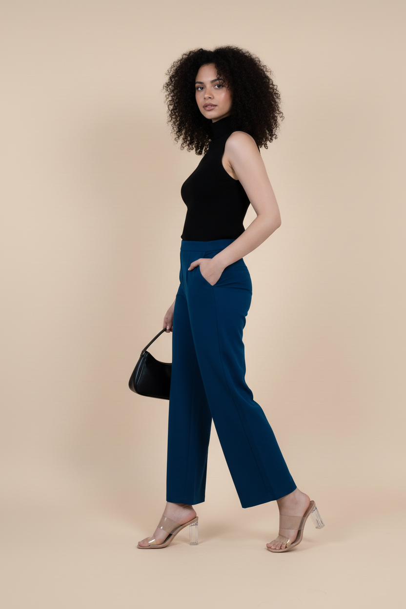 Blue Women Wide Leg Cotton Pant