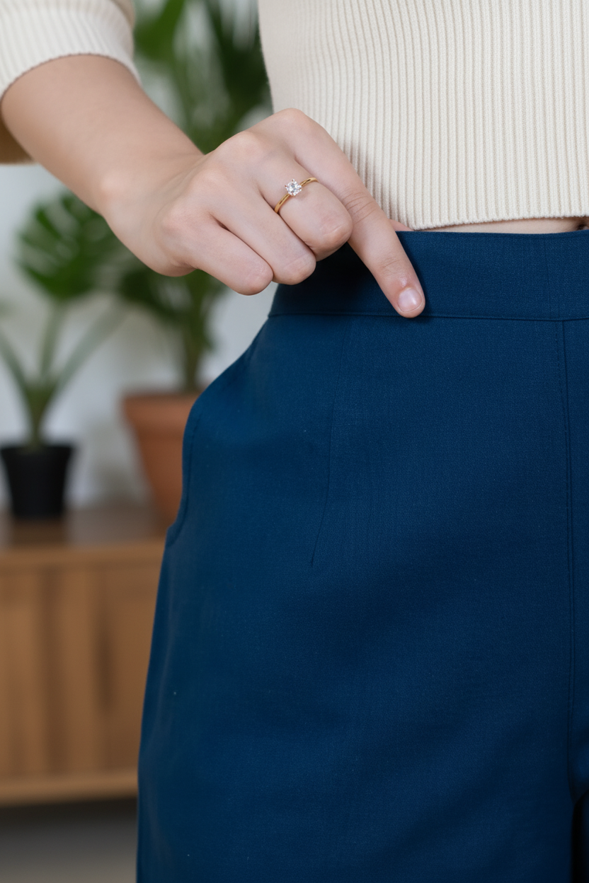 Blue Women Wide Leg Cotton Pant