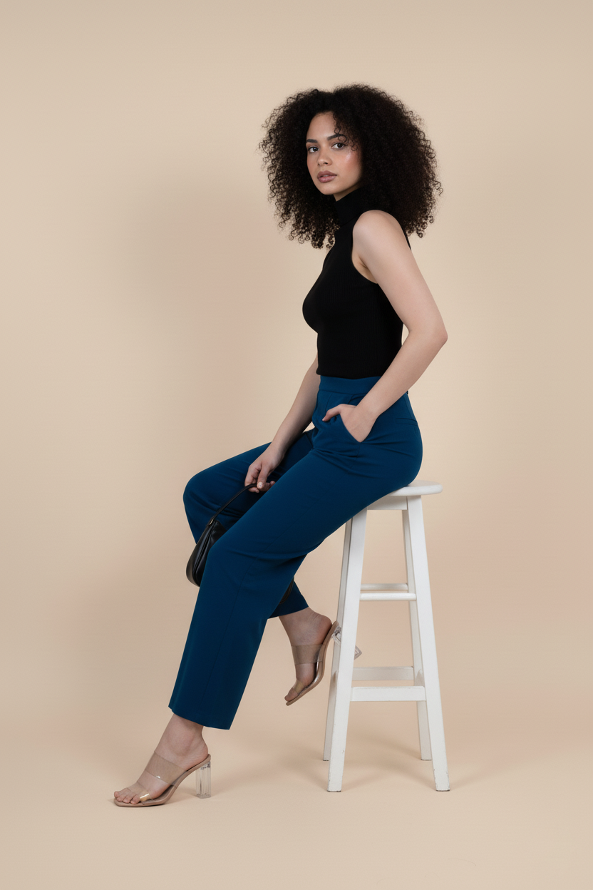 Blue Women Wide Leg Cotton Pant