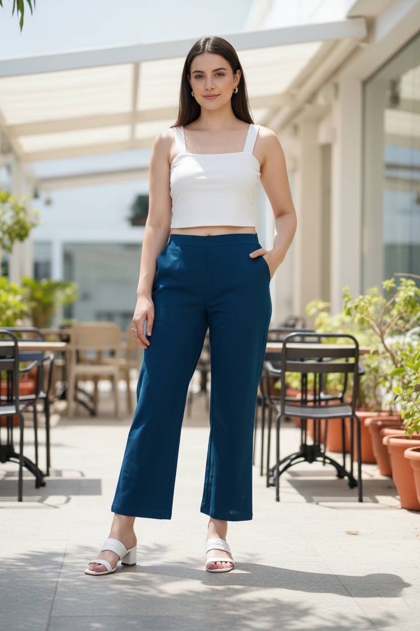 Blue Women Wide Leg Cotton Pant