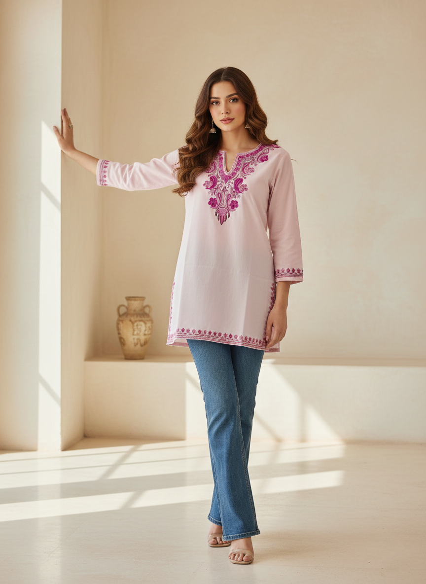 Blush Pink and Deep Pink Aari Embroidered Cotton Short Kurti