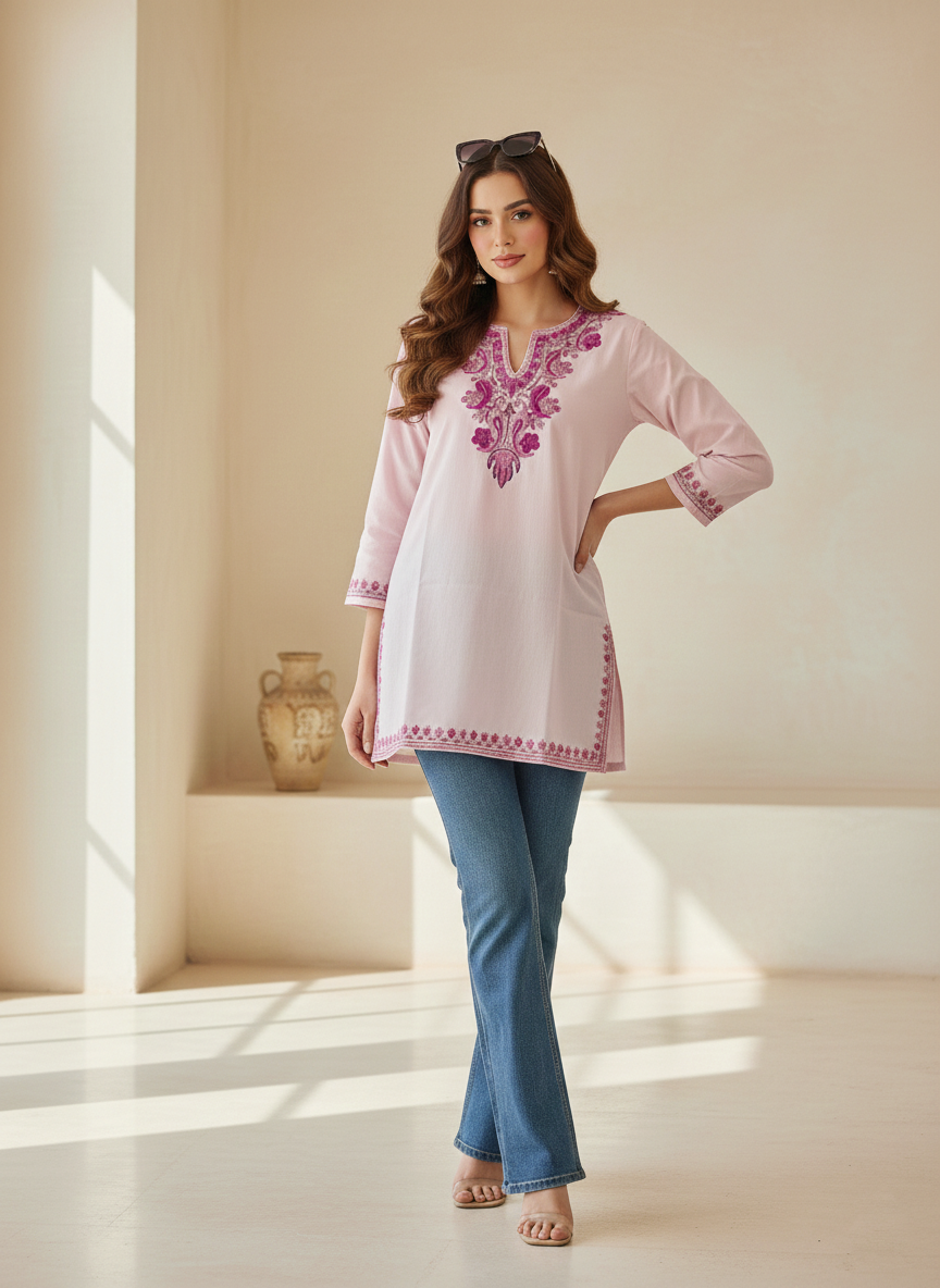 Blush Pink and Deep Pink Aari Embroidered Cotton Short Kurti