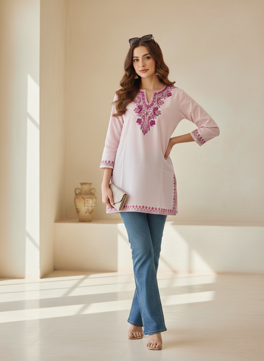 Blush Pink and Deep Pink Aari Embroidered Cotton Short Kurti