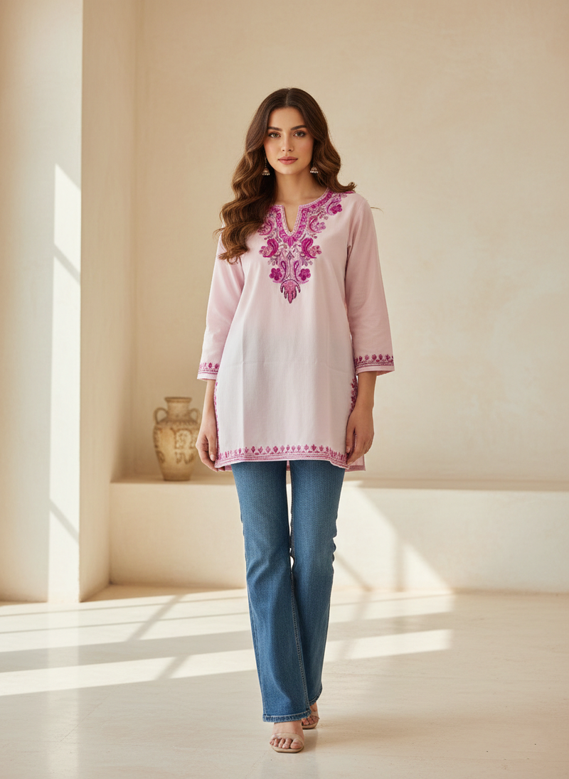 Blush Pink and Deep Pink Aari Embroidered Cotton Short Kurti