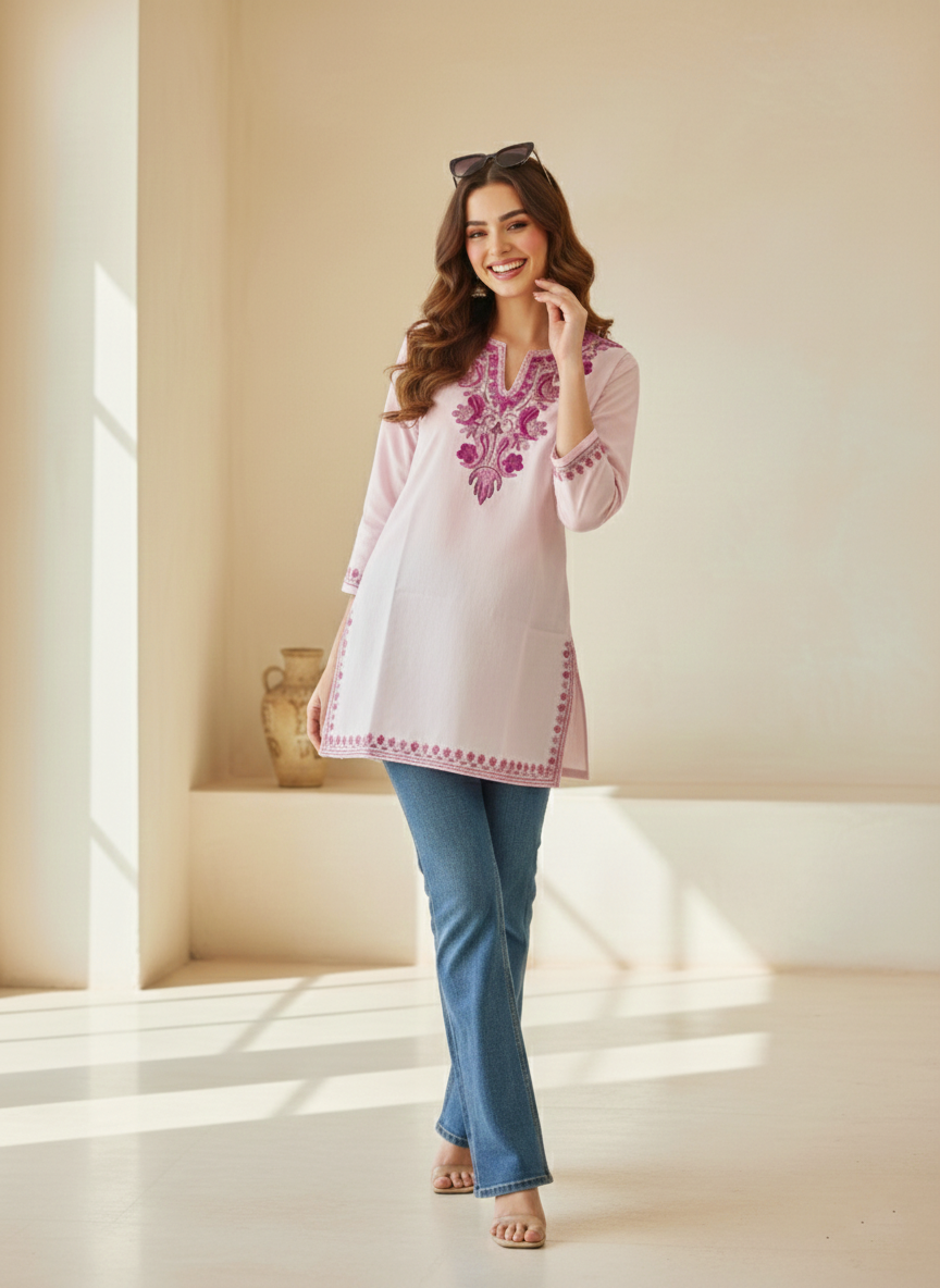 Blush Pink and Deep Pink Aari Embroidered Cotton Short Kurti
