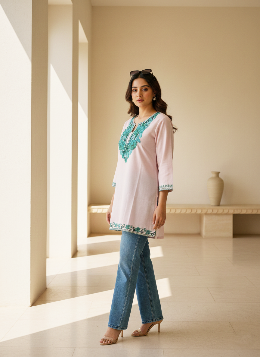 Blush Pink and Teal Green Aari Embroidered Cotton Short Kurti