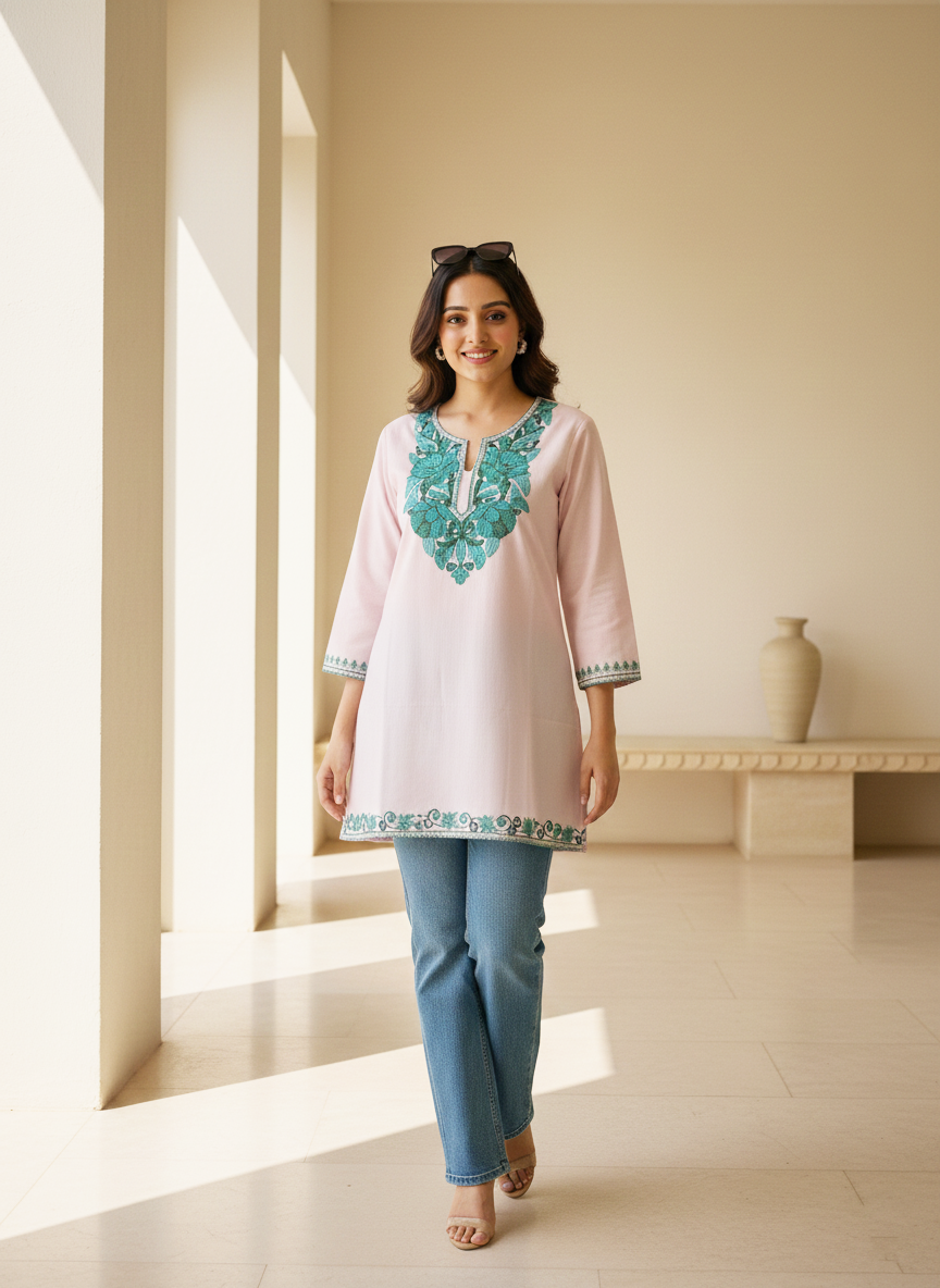Blush Pink and Teal Green Aari Embroidered Cotton Short Kurti
