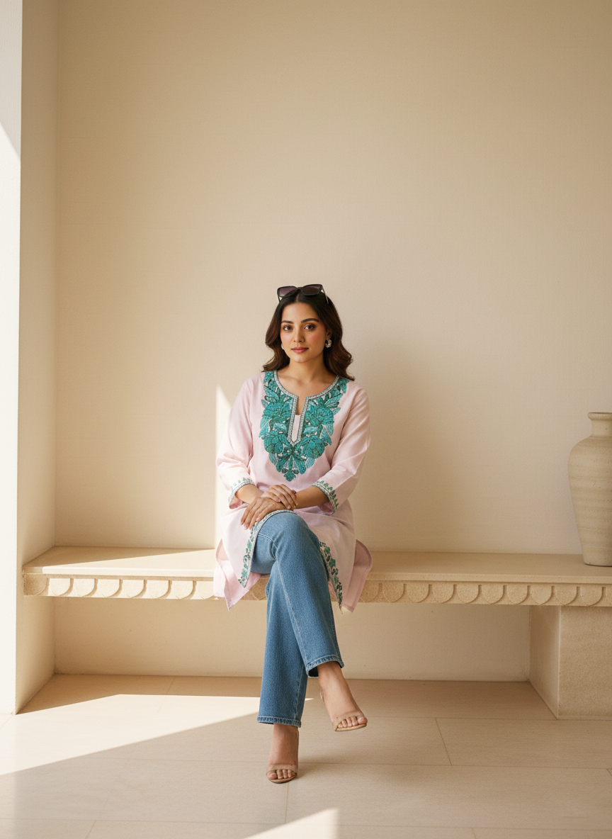 Blush Pink and Teal Green Aari Embroidered Cotton Short Kurti