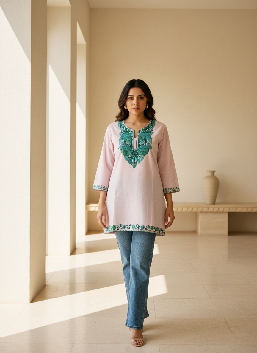 Blush Pink and Teal Green Aari Embroidered Cotton Short Kurti