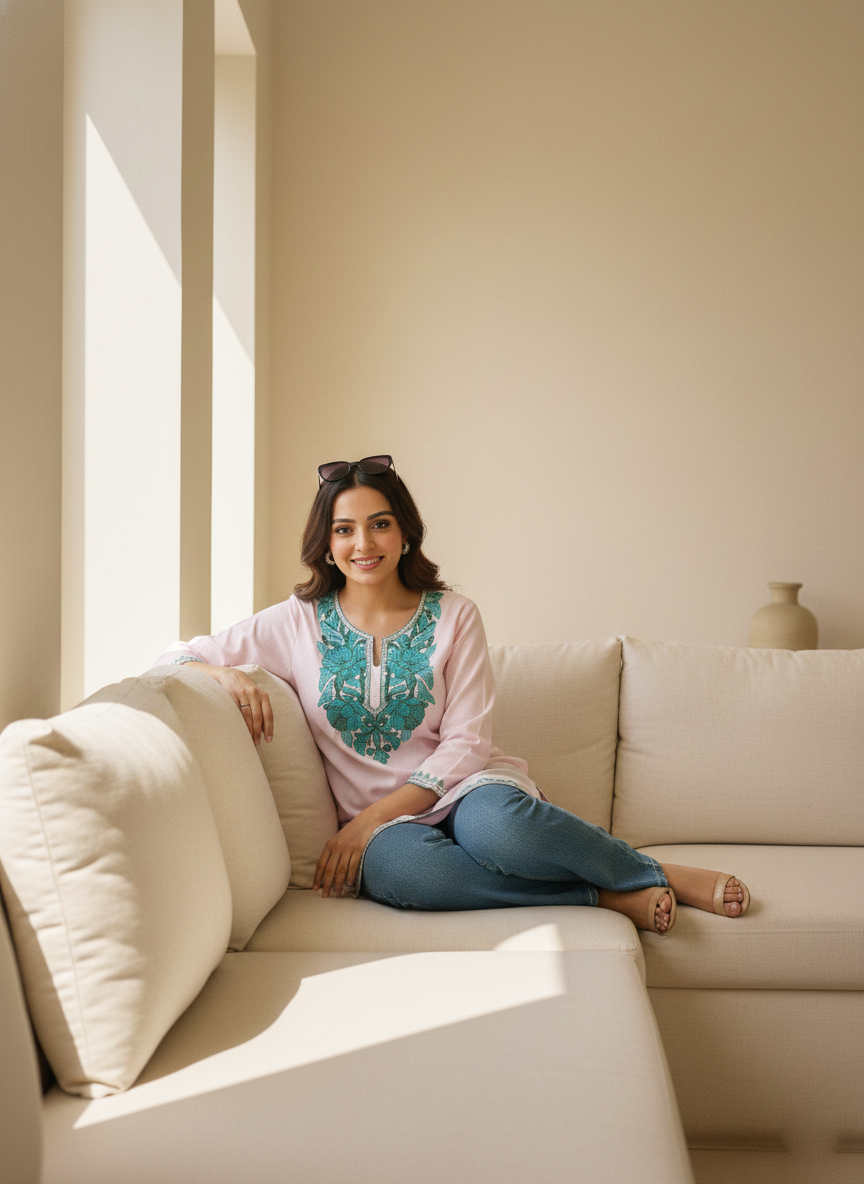 Blush Pink and Teal Green Aari Embroidered Cotton Short Kurti