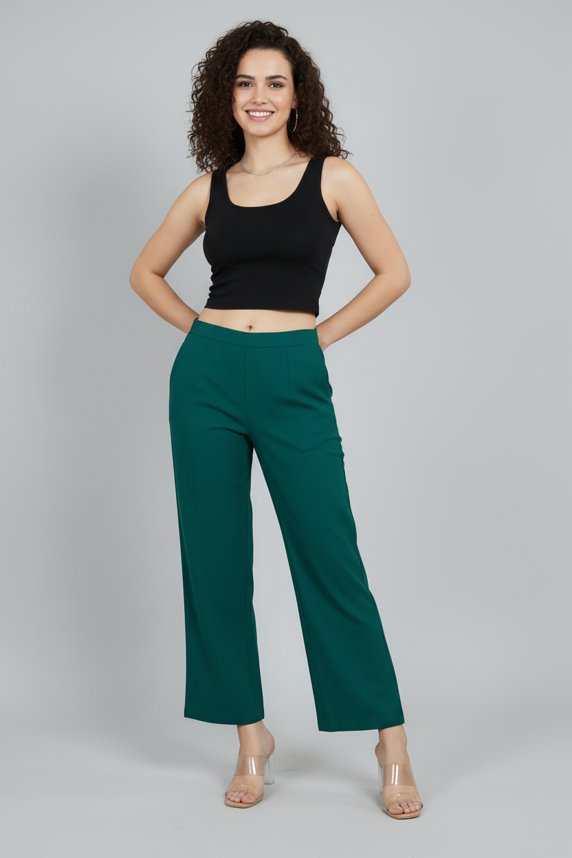 Bottle Green Women Wide Leg Cotton Pant