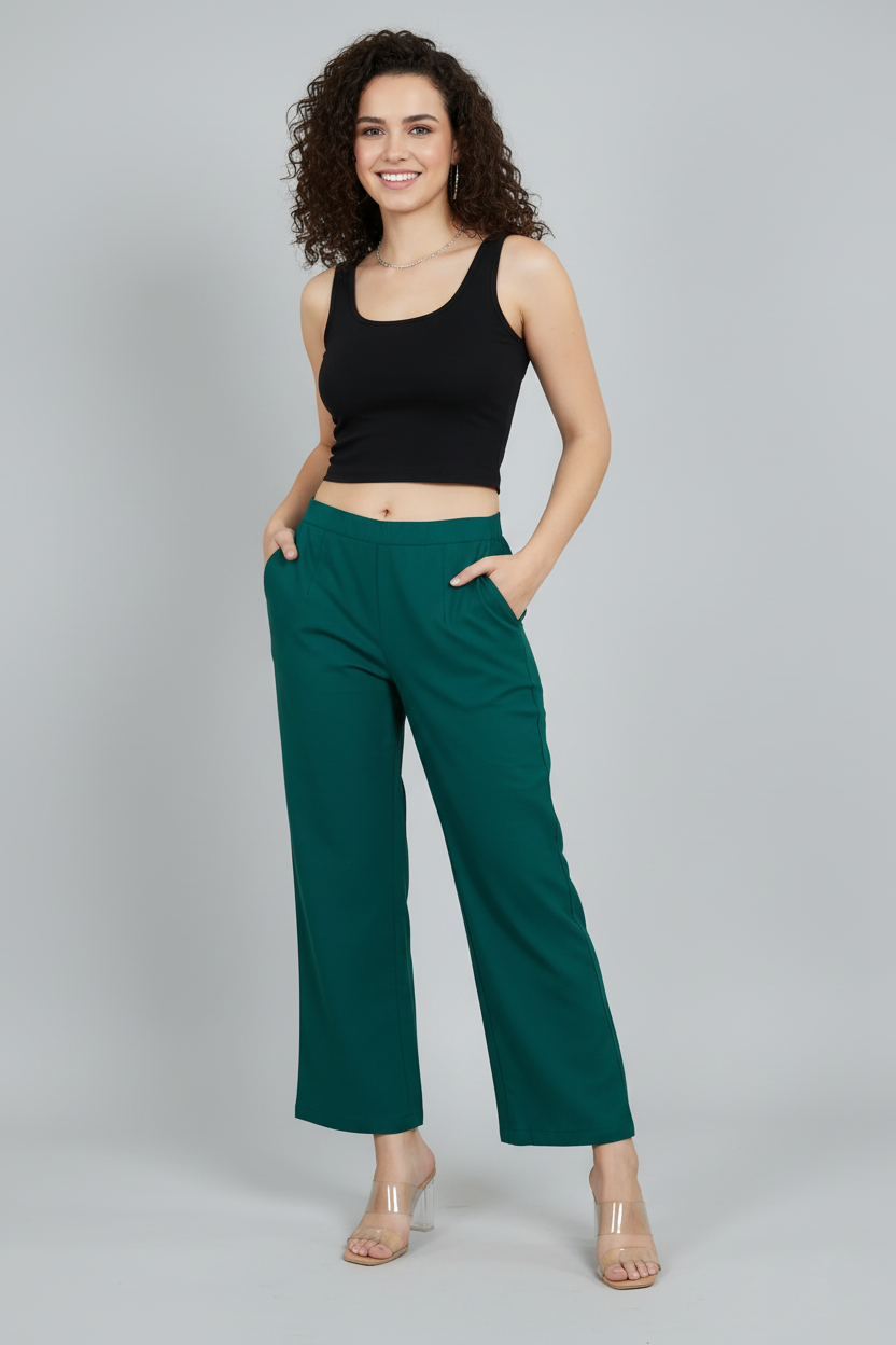 Bottle Green Women Wide Leg Cotton Pant
