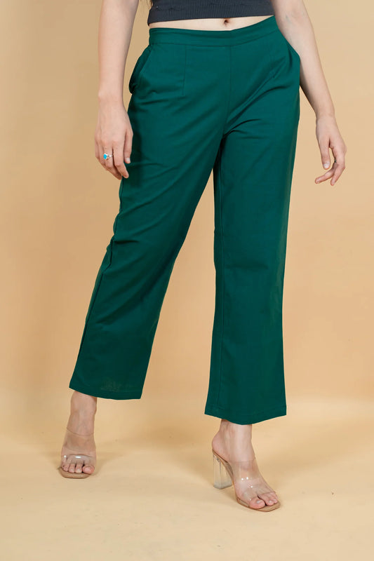 Bottle Green Women Wide Leg Cotton Pant