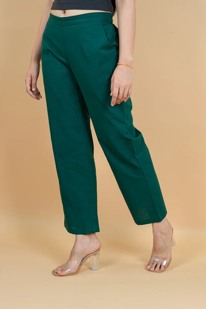 Bottle Green Women Wide Leg Cotton Pant