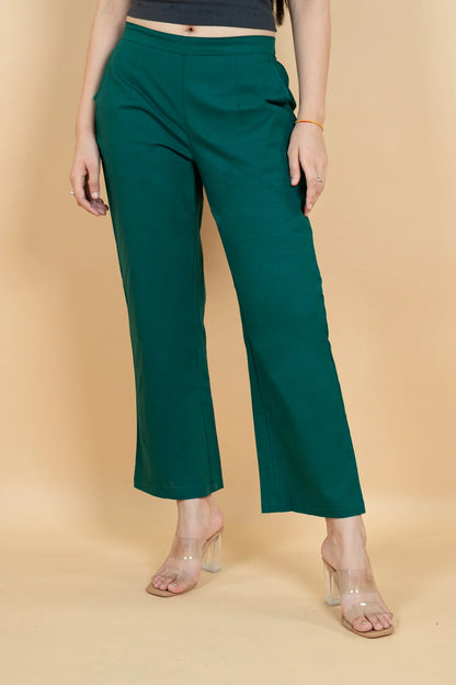 Bottle Green Women Wide Leg Cotton Pant