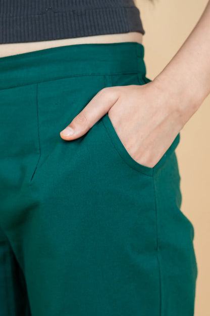Bottle Green Women Wide Leg Cotton Pant