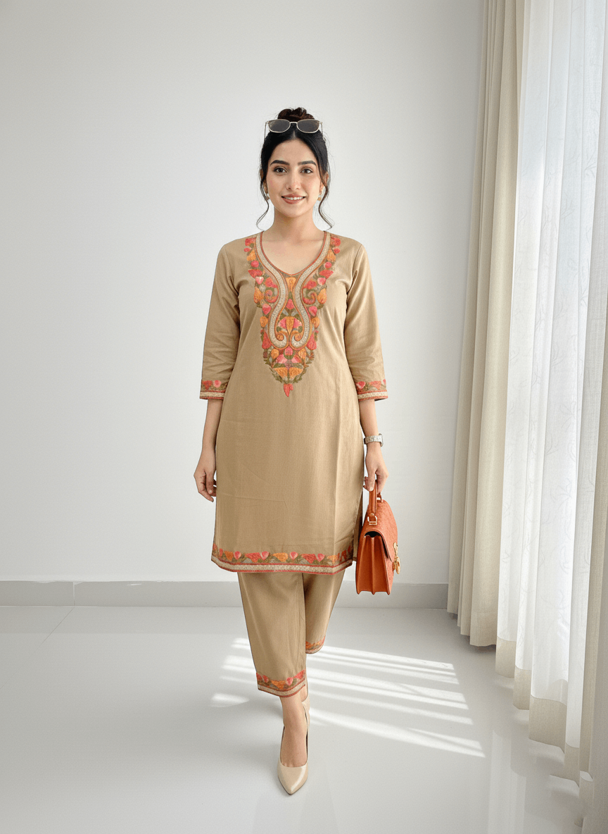 Brown Aari-Tilla Embroidered Kashmiri Co-ord set