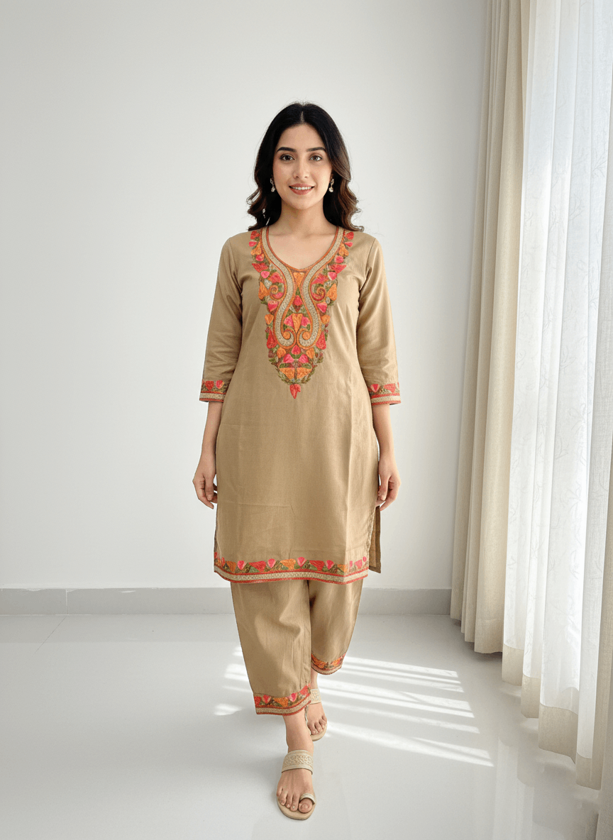 Brown Aari-Tilla Embroidered Kashmiri Co-ord set