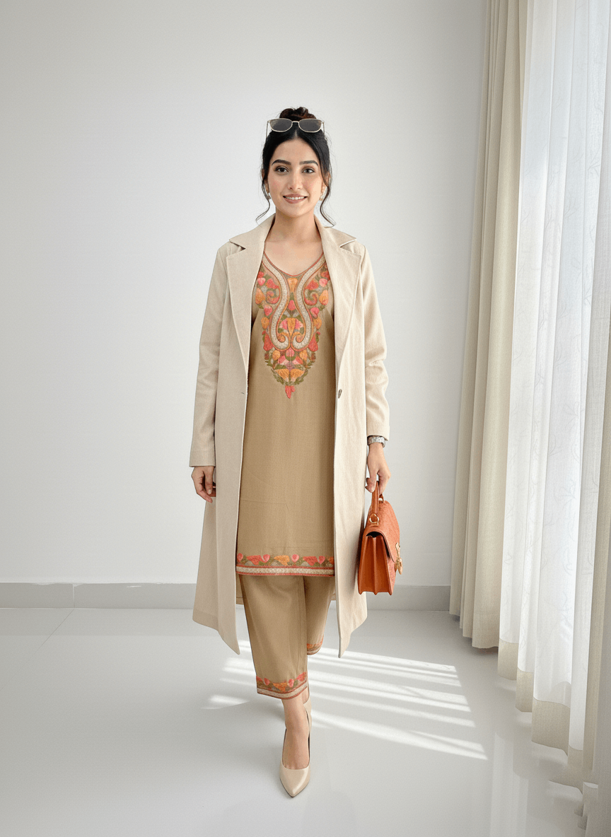 Brown Aari-Tilla Embroidered Kashmiri Co-ord set
