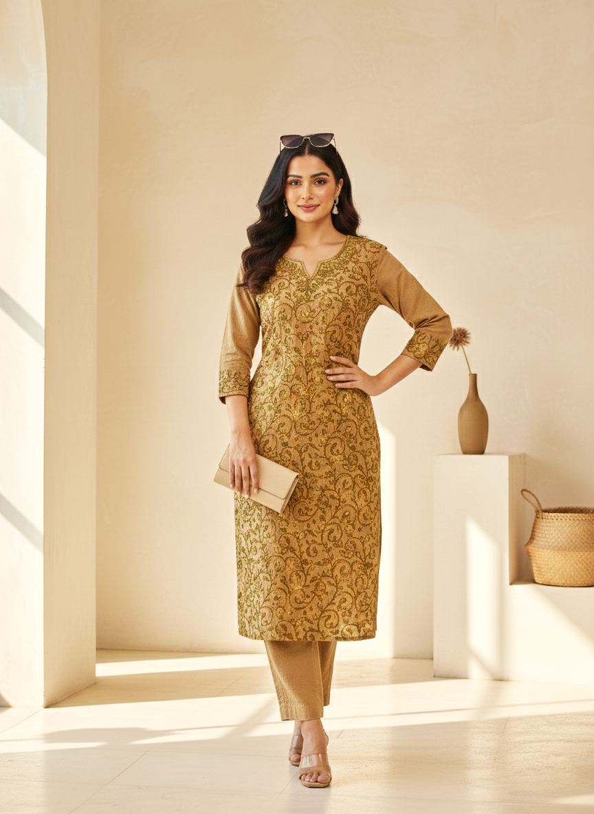 Brown and Green Aari Embroidered Cotton Coord Set