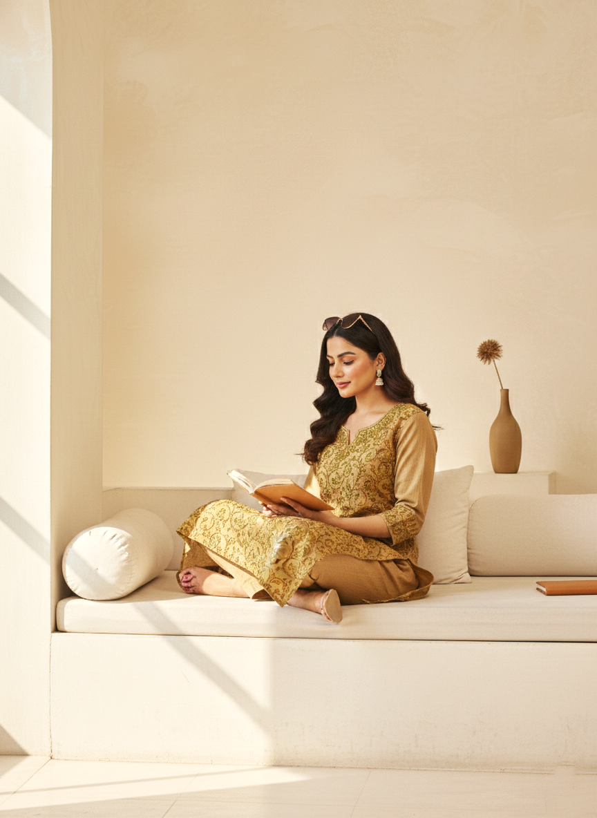 Brown and Green Aari Embroidered Cotton Coord Set