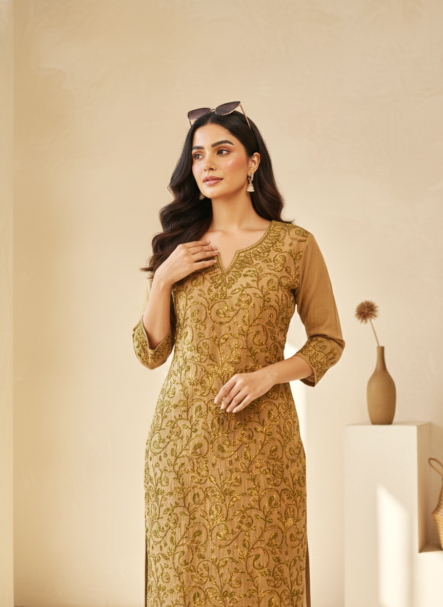 Brown and Green Aari Embroidered Cotton Coord Set