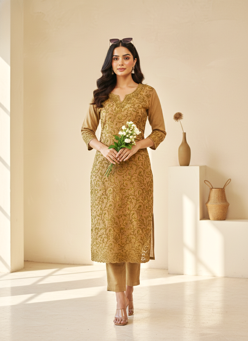 Brown and Green Aari Embroidered Cotton Coord Set