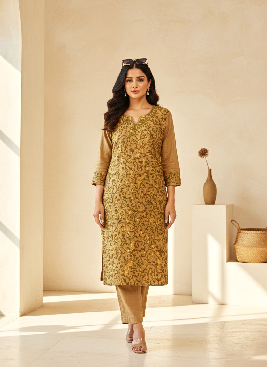 Brown and Green Aari Embroidered Cotton Coord Set