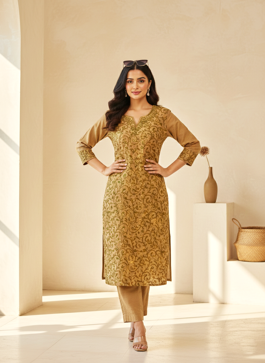 Brown and Green Aari Embroidered Cotton Coord Set