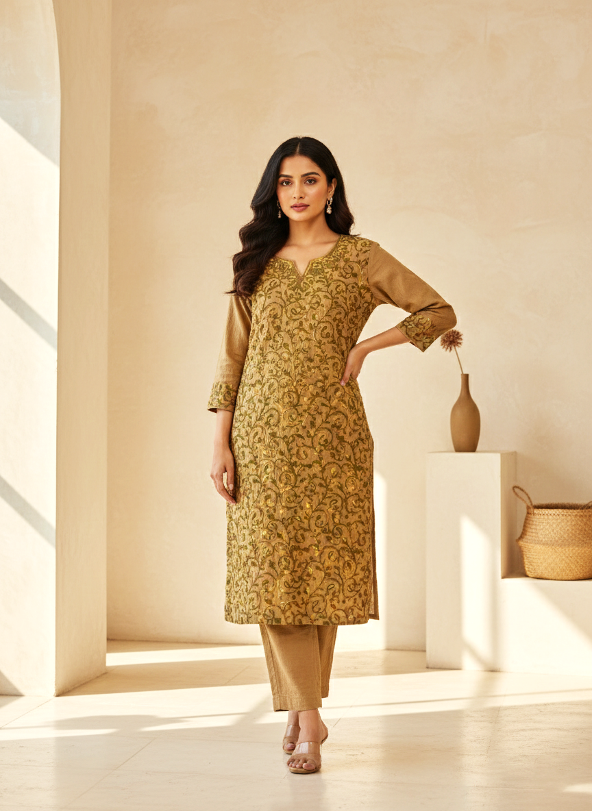 Brown and Green Aari Embroidered Cotton Coord Set