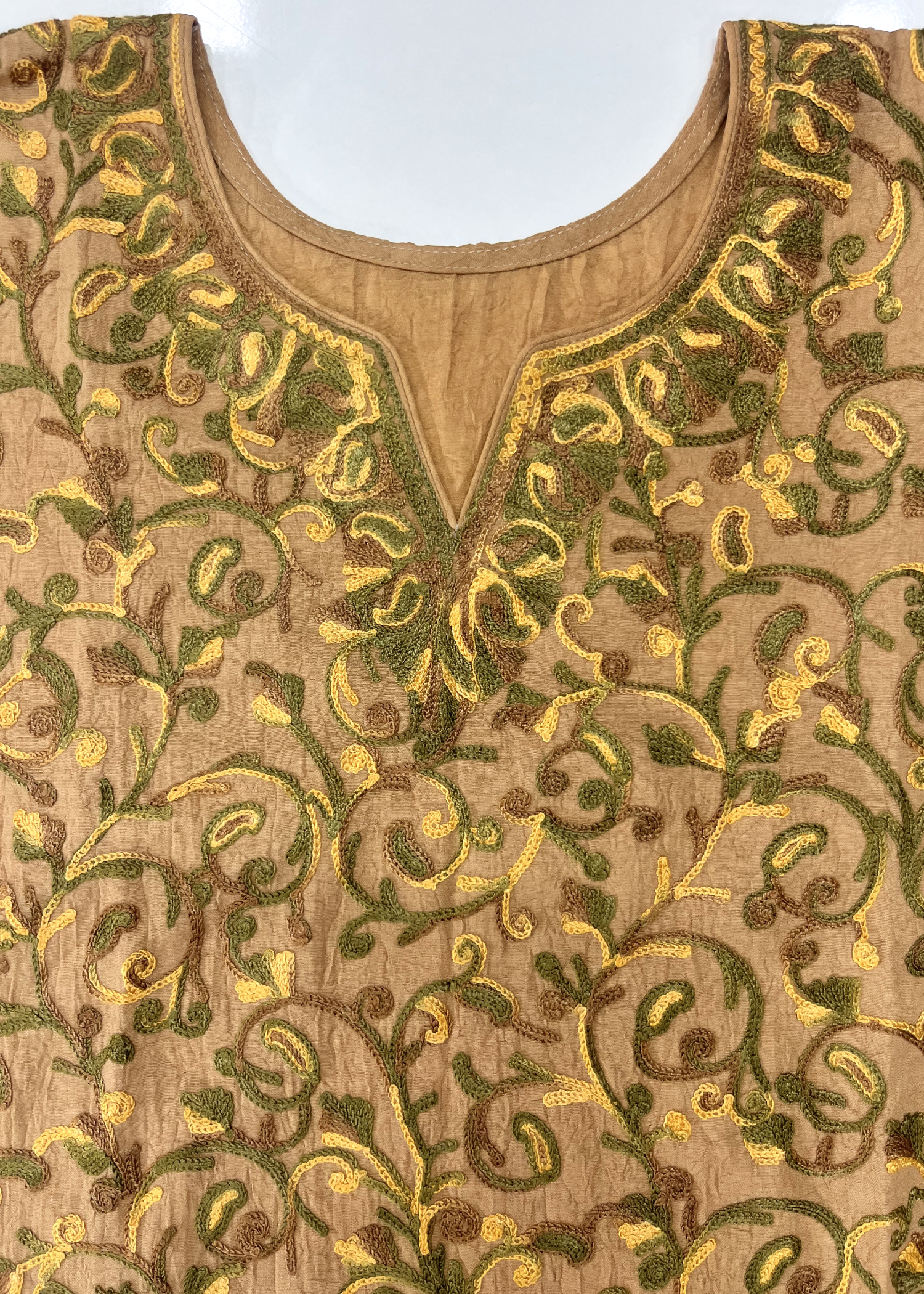 Brown and Green Aari Embroidered Cotton Coord Set