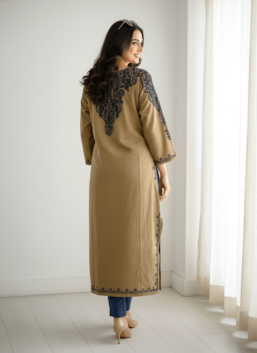 Brown Floral Aari Embroidered Kashmiri Pheran