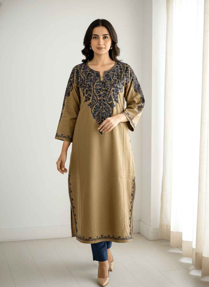 Brown Floral Aari Embroidered Kashmiri Pheran