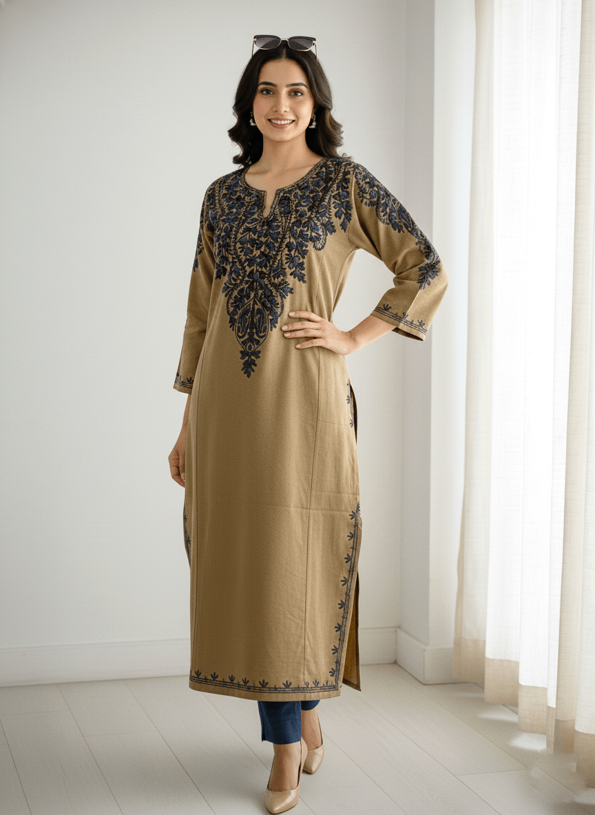 Brown Floral Aari Embroidered Kashmiri Pheran