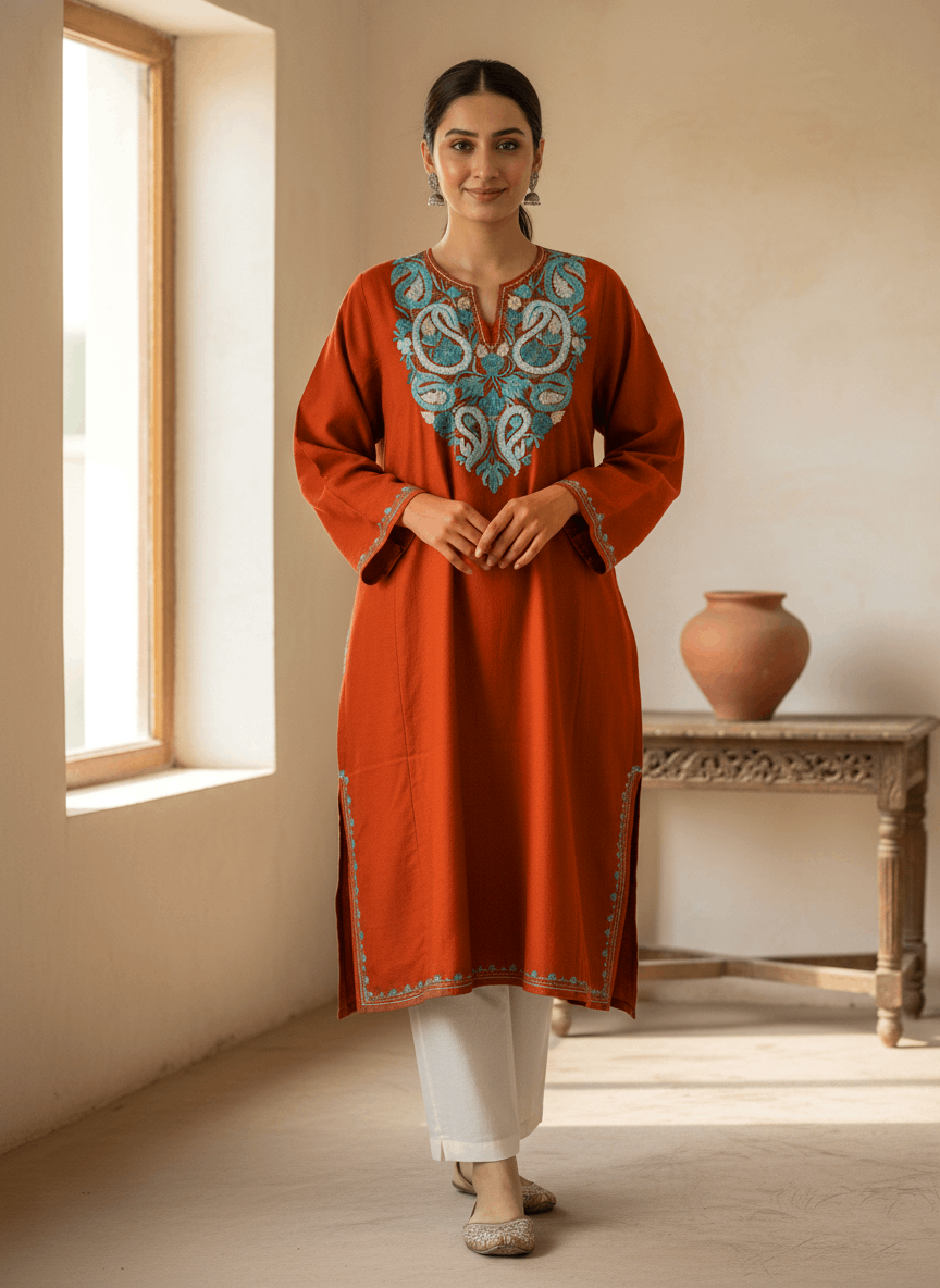 Burnt Orange Embroidered Kashmiri Pheran