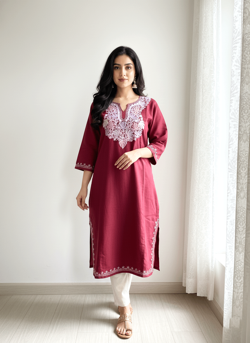 Burnt Red Floral Aari Neck Embroidered Kashmiri Pheran