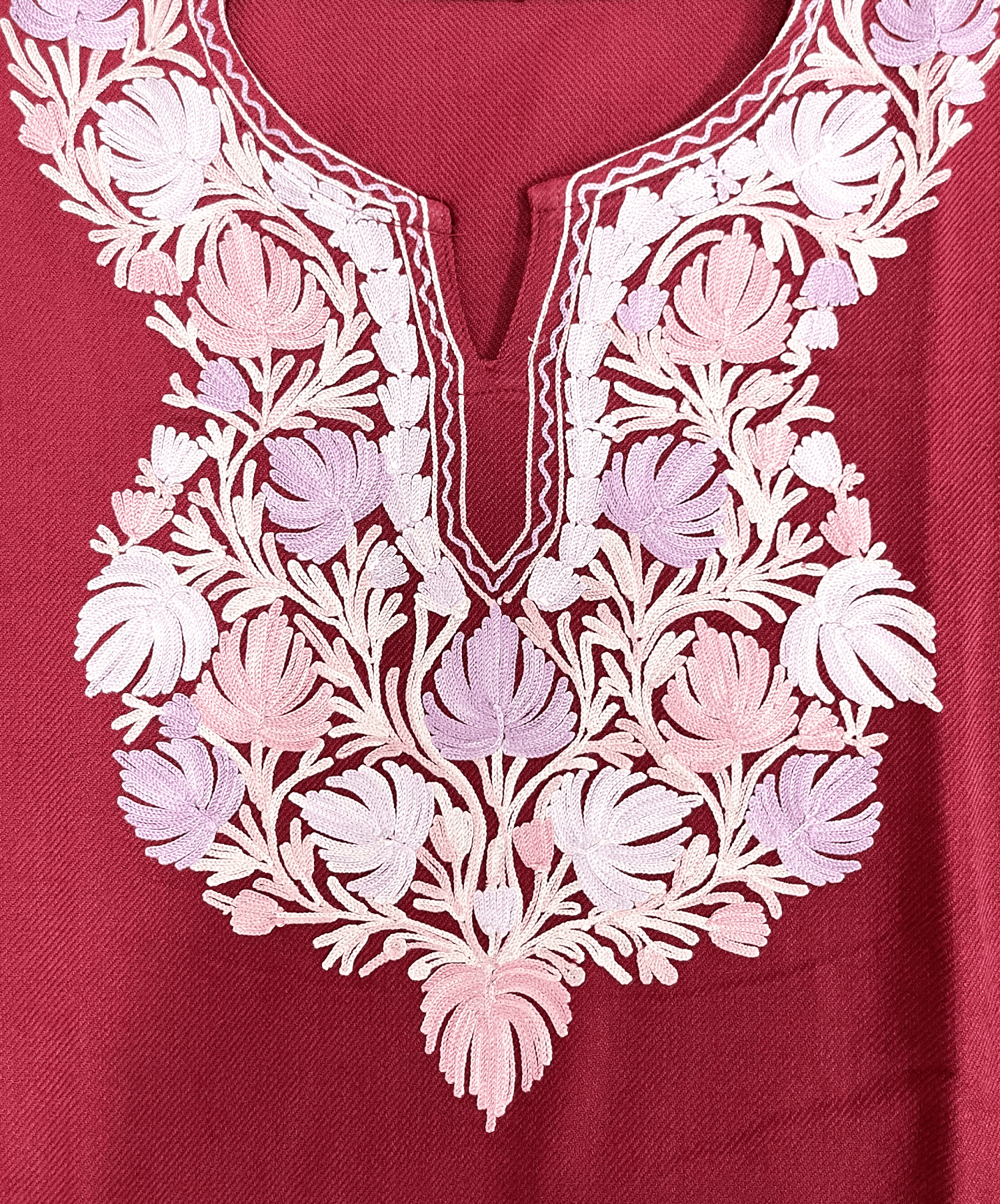 Burnt Red Floral Aari Neck Embroidered Kashmiri Pheran