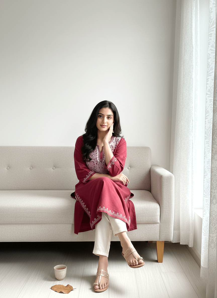 Burnt Red Floral Aari Neck Embroidered Kashmiri Pheran